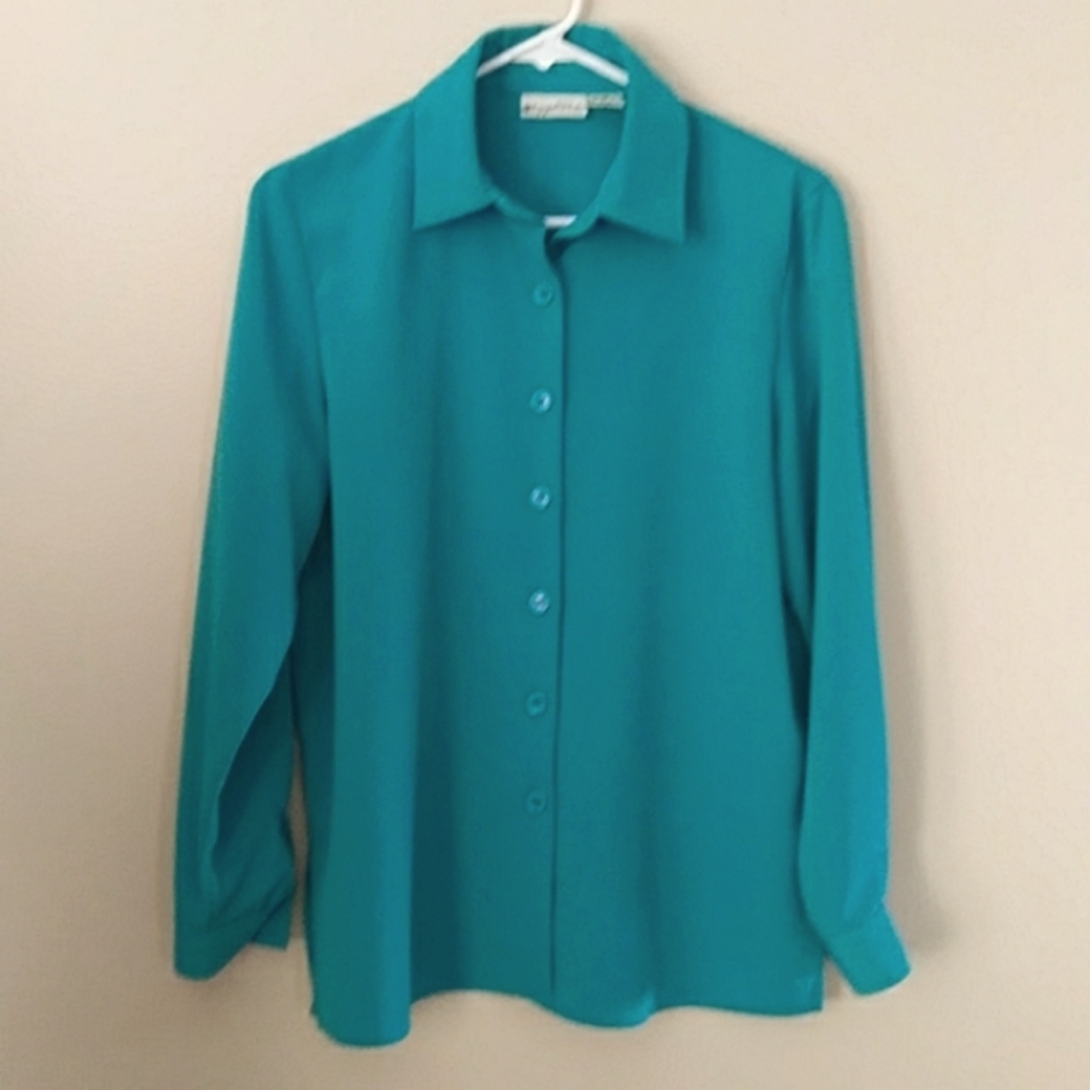Appleseed's Petite Button Down Blouse Shirt 6 Petite Green - Picture 1 of 13